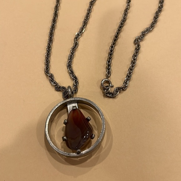 Jorgen Jensen Denmark pewter pendant with agate stone and chain - Picture 2 of 12